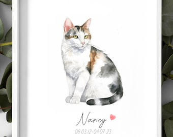 May include: A watercolor painting of a white, black, and brown cat sitting on a white background. The cat's name is "Nancy" and the date "08 03 12-04 07 23" is written below the name.