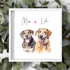 Custom Watercolor Pet Portrait: Dog Memorial Painting, Two Pets