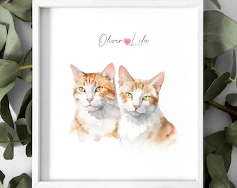 Custom Two Pet Watercolor Portrait: Cat Painting Print