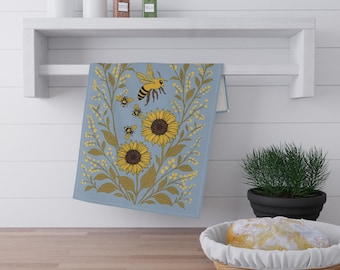 Sunflower Bee Tea Towel | Floral Kitchen Towel in Cotton Twill or Polyester | Cottagecore Farmhouse Decor & Perfect Gift for Bee Lovers