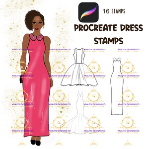 May include: A set of 16 Procreate dress stamps for digital illustration. The stamps include a variety of dress styles, including a ball gown, a mermaid gown, and a simple dress. The stamps are in black and white and are perfect for creating custom fashion illustrations.