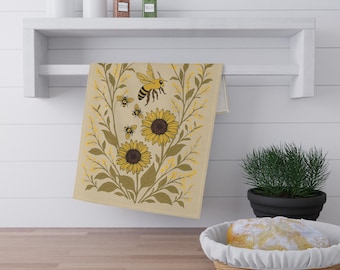 Cottagecore Bee and  Sunflower Tea Towel | Floral Kitchen Towel in Cotton or Polyester | Rustic Farmhouse Decor and Gift for Bee Lovers