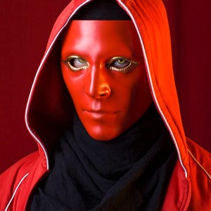 Peut inclure: Un masque rouge vif avec des détails dorés autour des yeux, porté avec une veste à capuche rouge à bordure blanche et une écharpe noire. Le masque est le point central de l'image.