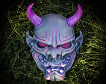 Gray Oni full face mask Japanese Demon Hannya cosplay samurai kabuki horns devil halloween scary resin