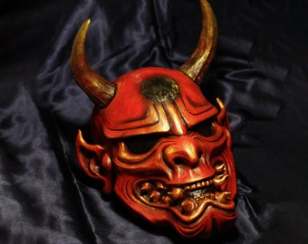 Rouge Oni masque complet démon japonais Hannya cosplay samouraï kabuki cornes diable effrayant mur décor mal