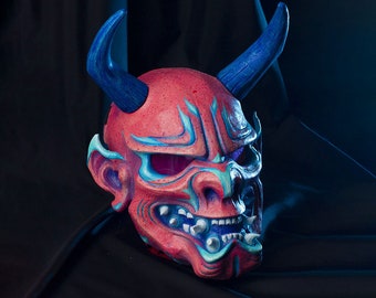 Pink Oni full face mask Japanese Demon Hannya cosplay samurai kabuki horns devil halloween