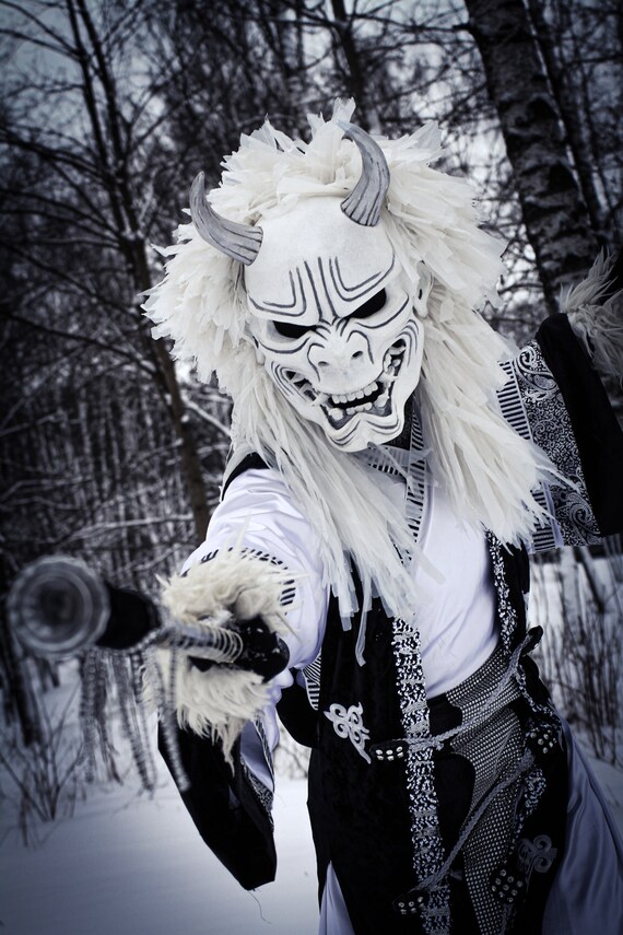 White Oni Full Face Mask Japanese Demon Hannya Cosplay Samurai Etsy UK