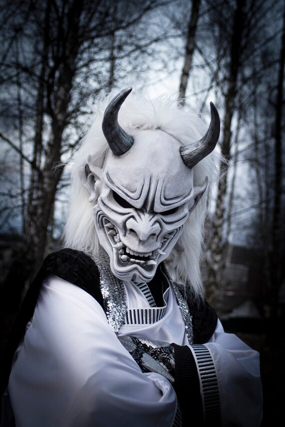 White Oni Full Face Mask Japanese Demon Hannya Cosplay Samurai Etsy