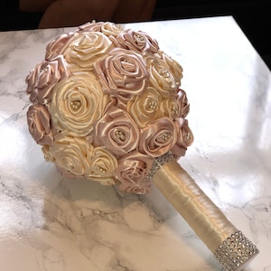 Brides Brooch Bouquet, Blush and Ivory Satin Roses, Unique Elegant Vintage Chic, Pearls, Handmade Satin Flowers, ALL COLOURS AVAILABLE