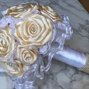 White and Beige Wedding Lace Bouquet with Pearls, Bridesmaid Bouquet, Bridal Bouquet, Wedding Bouquet, Handmade Roses Bouquet