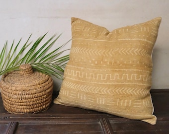 African Mud Cloth Cushion Cover| Pale honey yellow | Mali Vintage Fabric | Square Pillow | Throw pillow Case | Decorative | Bogolanfini