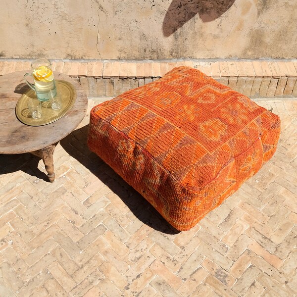 Large Moroccan Pouf | Vintage Boujad Pouf | Ochre Orange Tangerine | Boujaad Square Pouf | Floor cushion | Ottoman