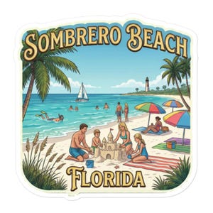 Op de afbeelding: Een sticker met een strandscène met de tekst "SOMBRERO BEACH FLORIDA". De illustratie toont mensen op het strand, palmbomen, een zeilboot en een vuurtoren onder een blauwe lucht.