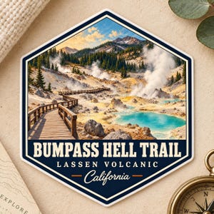 Bumpass Hell California reseklistermärke, termisk souvenirdekal för samlare, bärbara datorer och dagböcker