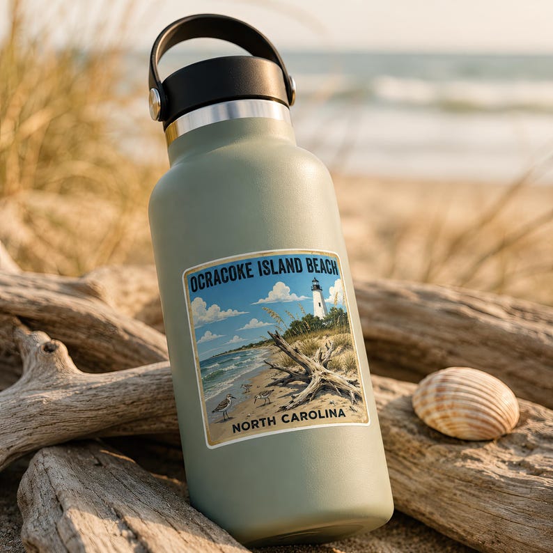 May include: A sage green insulated water bottle with a black lid and a rectangular sticker featuring a beach scene. The sticker displays the text Ocracoke Island Beach and North Carolina, showing a lighthouse, sand, driftwood, and small birds.