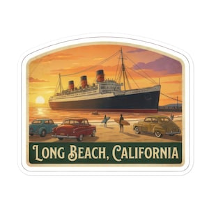 May include: A sticker featuring a vintage illustration of Long Beach, California. The image shows a large ocean liner, classic cars, and surfers on a beach at sunset. The text "Long Beach, California" is at the bottom.