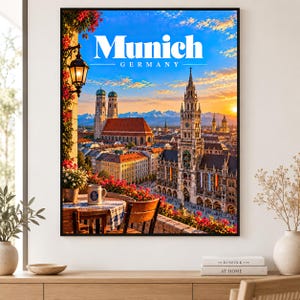 Reseposter för München, Tyskland, Marienplatz och Frauenkirche solnedgång, oramat matt papper, 8x10 eller 16x20