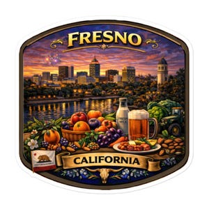 May include: A sticker featuring a sunset over the Fresno, California skyline. The design includes a basket of fruit, a beer mug, a bottle of milk, and the California state flag. The word "FRESNO" is at the top.
