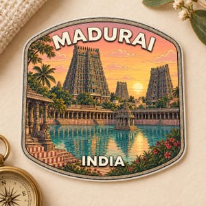 May include: A square-shaped coaster with rounded corners featuring a colourful illustration of the Meenakshi Amman Temple in Madurai, India, set against a sunset sky. The text MADURAI is at the top and INDIA is at the bottom in white lettering.
