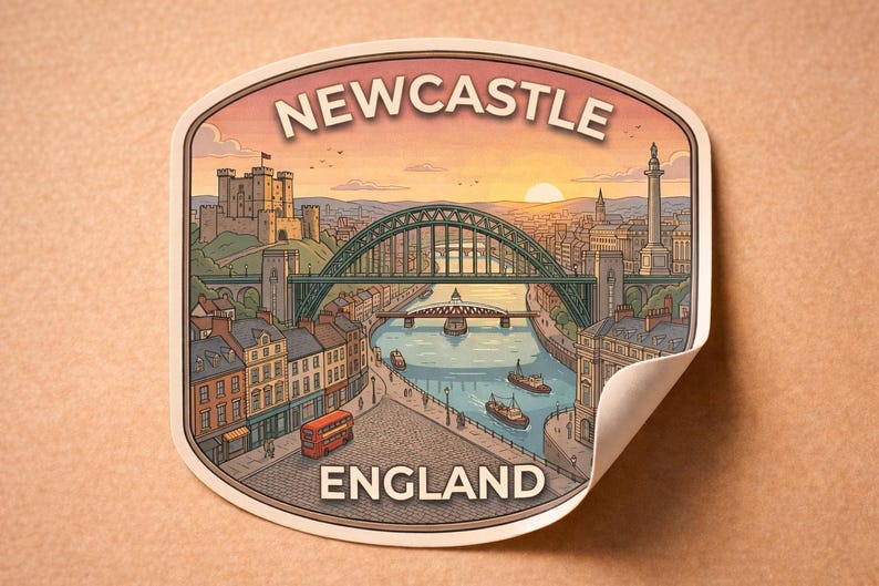 Op de afbeelding: Een sticker met een gedetailleerde illustratie van Newcastle, Engeland, met een brug, kasteel en stadsgezicht onder een zonsondergang. De sticker heeft een gebogen rand en de tekst "NEWCASTLE ENGLAND".