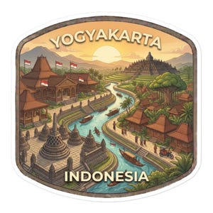 Pode incluir: Um autocolante com uma ilustração de Yogyakarta, Indonésia. O design inclui arquitetura tradicional, um rio com barcos e o texto "YOGYAKARTA INDONESIA". A paleta de cores inclui tons quentes de laranja, castanho e verde.