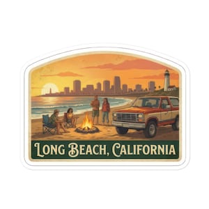 May include: A sticker featuring a beach scene at sunset with a bonfire, people, and a vintage orange and white SUV. The Long Beach, California text is at the bottom, with a skyline and lighthouse in the background.