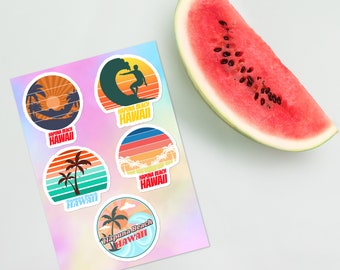 Paquete de pegatinas de vacaciones en el mar tropical con surfistas de Hapuna Beach, Hawái