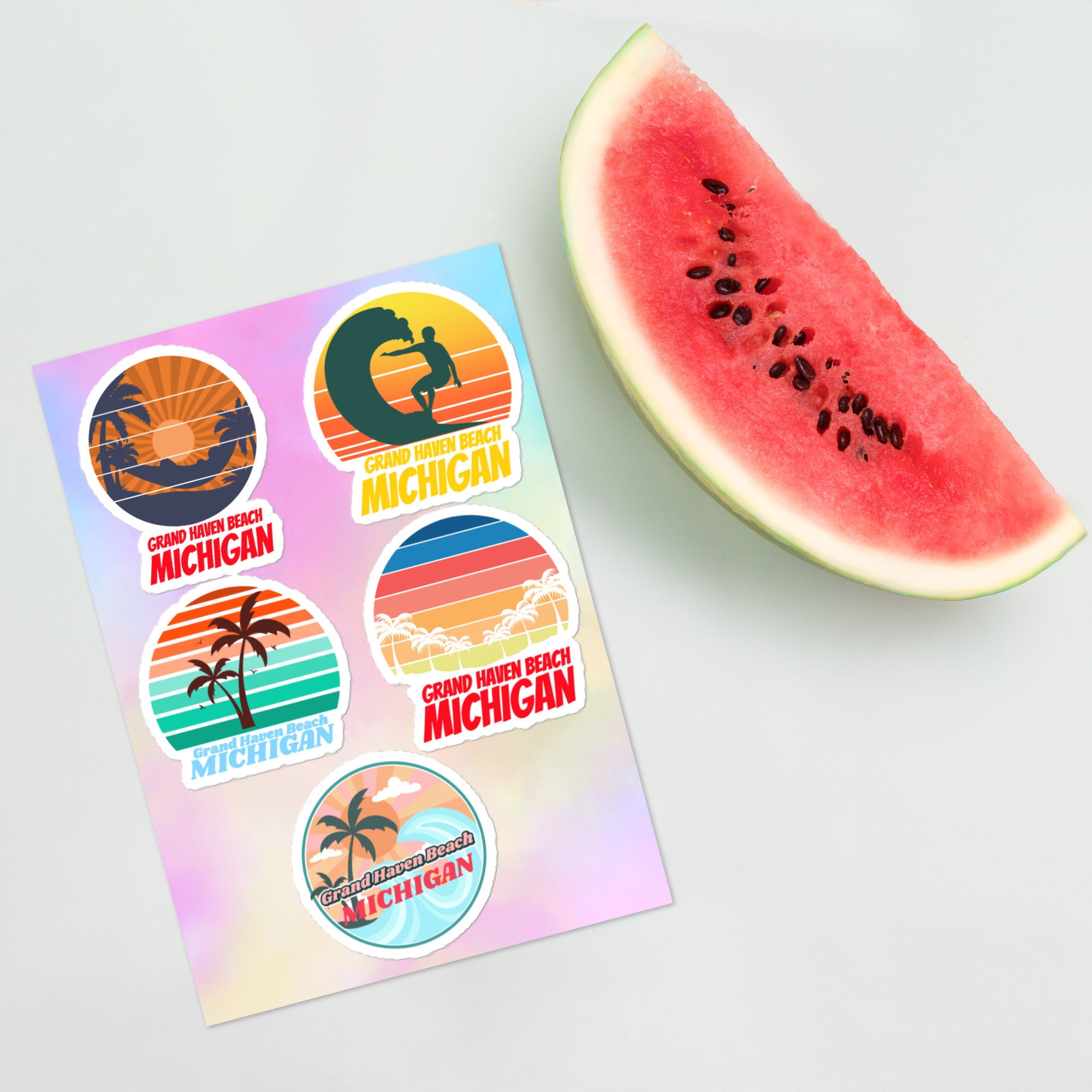 Grand Haven Beach MICHIGAN surfer tropical sea vacation beach sticker pack