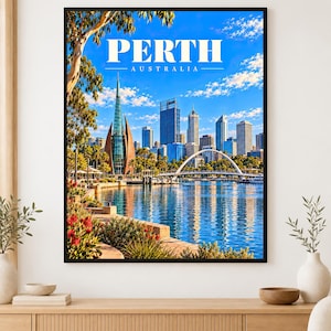 May include: A vertical wall art print featuring the Perth, Australia skyline under a bright blue sky. The image displays the Bell Tower, modern skyscrapers, and the Elizabeth Quay bridge reflecting in the water, framed by trees and red flowers.
