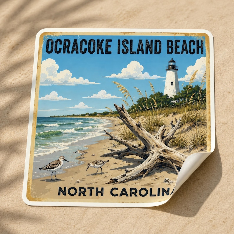 May include: A square sticker featuring a coastal scene of Ocracoke Island Beach, North Carolina. The image displays a white lighthouse, a large piece of driftwood on sandy dunes, and three small shorebirds walking along the water's edge.