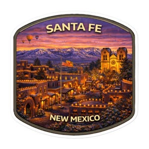 Santa Fe New Mexico Cityscape Sticker, Vintage Sunset Art Decal