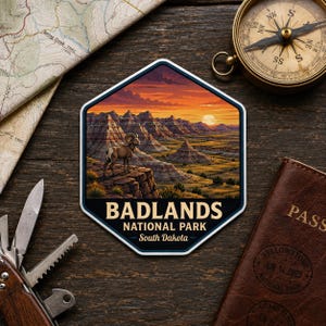 May include: A hexagonal sticker featuring a bighorn sheep standing on a rocky cliff overlooking the Badlands National Park in South Dakota at sunset. The text reads BADLANDS NATIONAL PARK South Dakota in a bold, dark blue and cream color scheme.