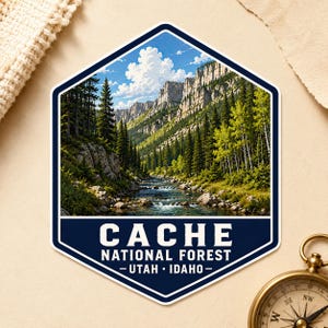 May include: A hexagonal sticker featuring a landscape illustration of Cache National Forest in Utah and Idaho. The image shows a river flowing through a valley with pine trees, rocky cliffs, and a blue sky. The text reads CACHE NATIONAL FOREST - UTAH - IDAHO.