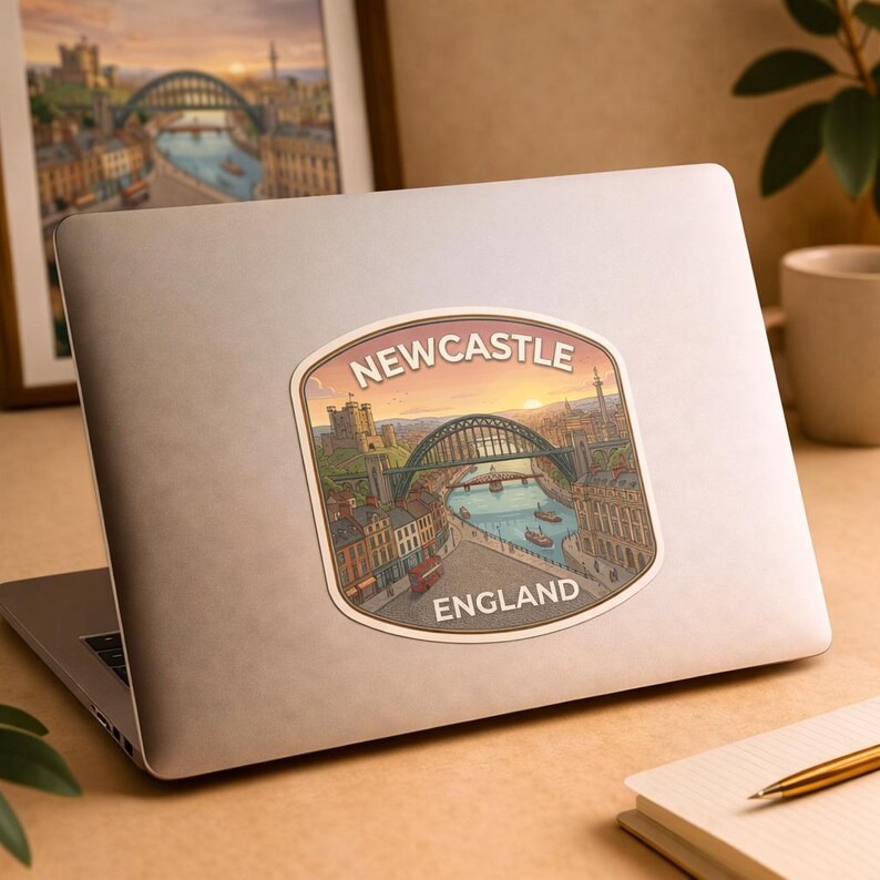 Op de afbeelding: Een sticker met een gedetailleerde illustratie van Newcastle, Engeland, met een groene boogbrug, gebouwen en de tekst "NEWCASTLE ENGLAND". De sticker zit op een laptop.