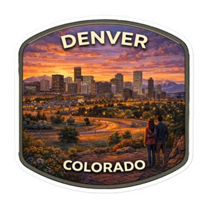 Denver Colorado Cityscape Sticker, Retro Sunset Art Decal