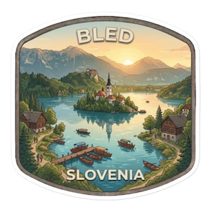 May include: A sticker featuring a scenic illustration of Lake Bled, Slovenia, with the text "BLED" at the top and "SLOVENIA" at the bottom. The image depicts a lake with a church on an island, surrounded by mountains and boats.