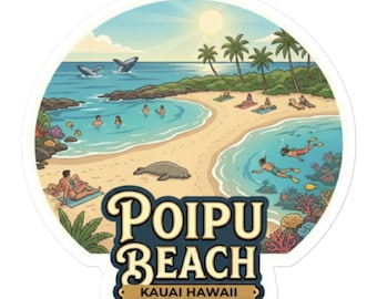Poipu Beach Hawaii Sticker, Kauai Vacation Travel Decal, Aesthetic Water Bottle Laptop Souvenir