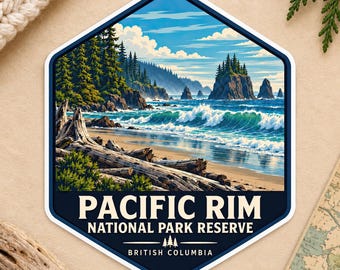 May include: A hexagonal sticker featuring a coastal landscape of Pacific Rim National Park Reserve in British Columbia. The illustration shows a sandy beach with driftwood, crashing ocean waves, rocky sea stacks, and evergreen trees under a blue sky.
