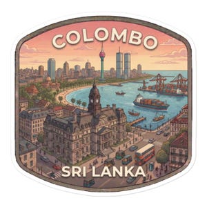 May include: A sticker depicting Colombo, Sri Lanka, with a vintage travel poster design. The illustration shows the city skyline, a clock tower, and the text "COLOMBO" and "SRI LANKA". The artwork uses a warm colour palette, evoking a sense of nostalgia.