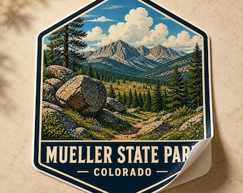 Pegatina de viaje del Parque Estatal Mueller, Colorado. Calcomanía de granito de Pikes Peak. Arte para portátil y equipaje.