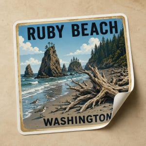 May include: A square sticker featuring a vintage-style illustration of Ruby Beach in Washington. The image shows sea stacks, a sandy beach with driftwood, and small shorebirds near the water. The text RUBY BEACH and WASHINGTON is printed.