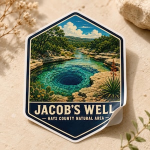 Pegatina de viaje del Área Natural Jacob's Well de Texas, calcomanía de Wimberley para portátil, botella de agua y equipaje.