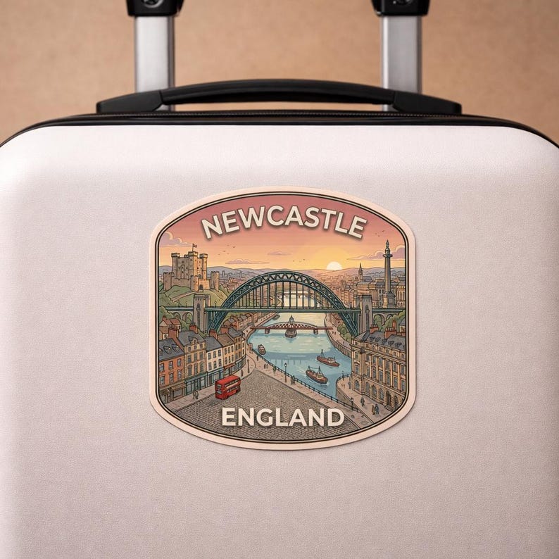 Op de afbeelding: Een sticker met een gedetailleerde illustratie van Newcastle, Engeland, met een zonsonderganghemel. De afbeelding bevat een brug, gebouwen en de tekst "Newcastle England". De sticker zit op een koffer.