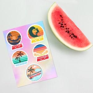May include: Five colorful round stickers with a retro design featuring a sunset, palm trees, and waves. Each sticker says "Hoffmaster State Park Michigan".