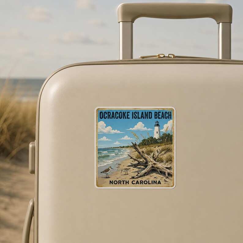 May include: A square sticker featuring a vintage-style illustration of Ocracoke Island Beach, North Carolina. The image depicts a white lighthouse, sandy dunes, driftwood, and shorebirds along the coastline under a blue sky with white clouds.