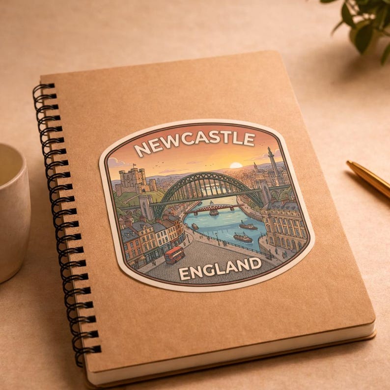 Op de afbeelding: Een sticker met een illustratie van Newcastle, Engeland, met een brug, gebouwen en een rivier. De sticker is geplaatst op een spiraalgebonden notitieboek. De tekst "Newcastle England" is zichtbaar.