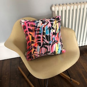 Velvet Cushion - Luxury designer throw pillow, print both sides, abstract multicolour Mid Century maximalist home decor, rainbow pink red