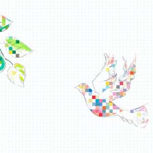 Pannelli da parati - Decorazione murale contemporanea Stile Mid Century Carta da parati multicolore disegnata da artisti Uccelli e foglie Carta millimetrata