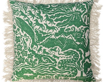 Cushion - Extra Large Fringed Luxury Pillow Green and Cream Lino print textured boucle sustainable nature fabric linen cotton ethical