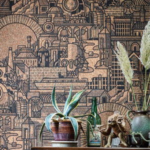 Carta da parati - Vero sughero architettonico in stile industriale di metà secolo creato con Drew Millward con teschi, gatti neri ed edifici